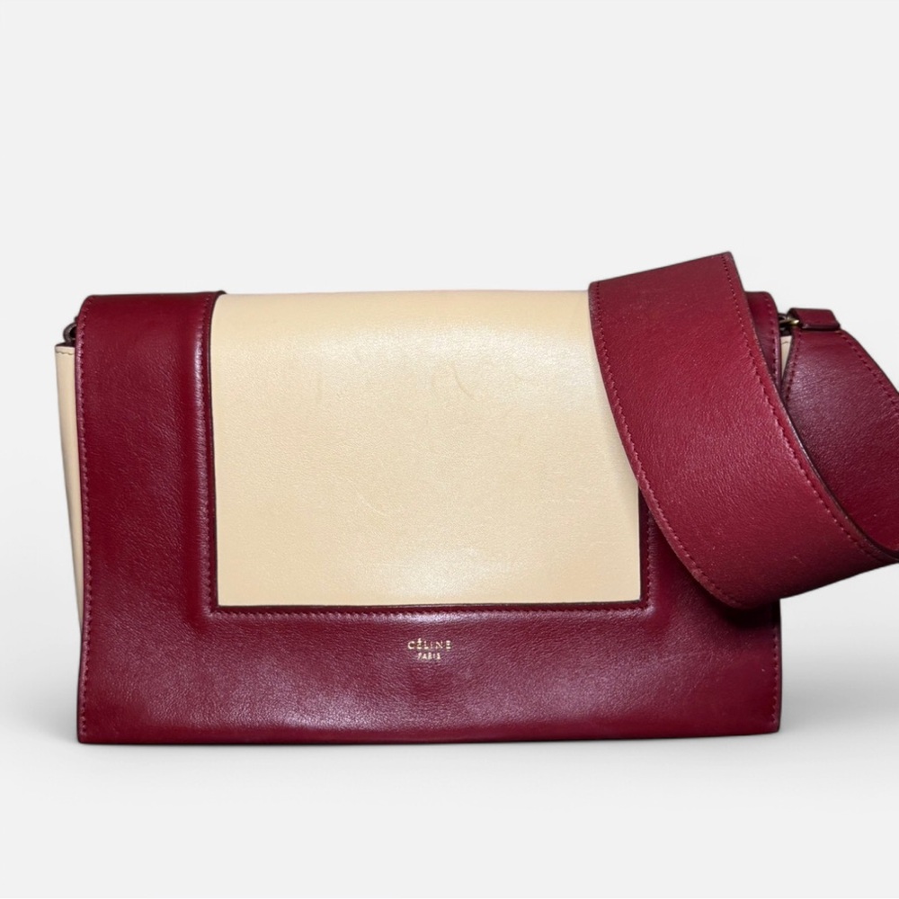 Authentic Celine Frame Bag Medium, Burgundy and Cream